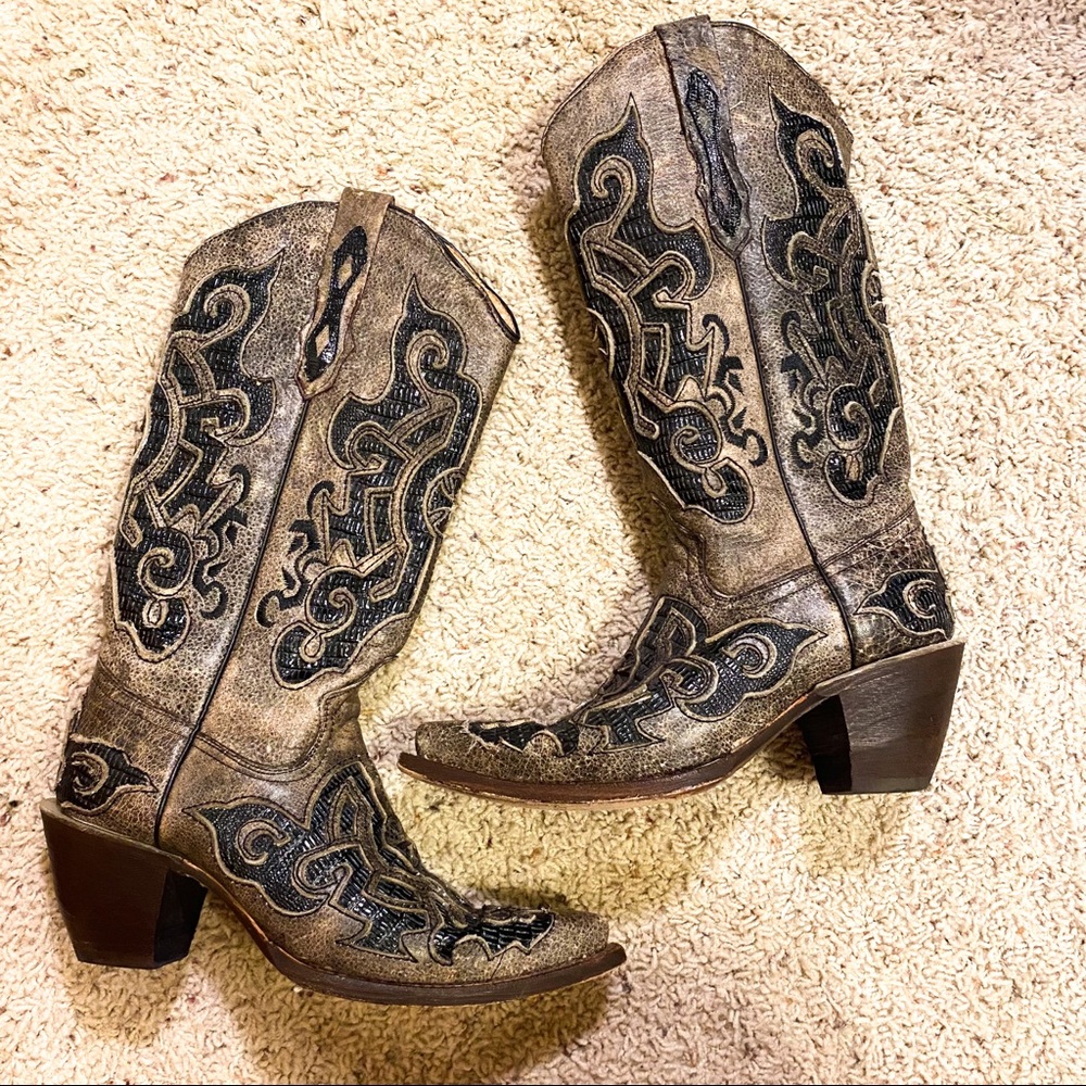 Authentic Tanner Mark Cowboy Boots Beige Grey Black 7